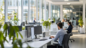 Beamte in eleganter Businesskleidung arbeiten konzentriert an weißen Schreibtischen in einem weitläufigen, lichtdurchfluteten Großraumbüro.