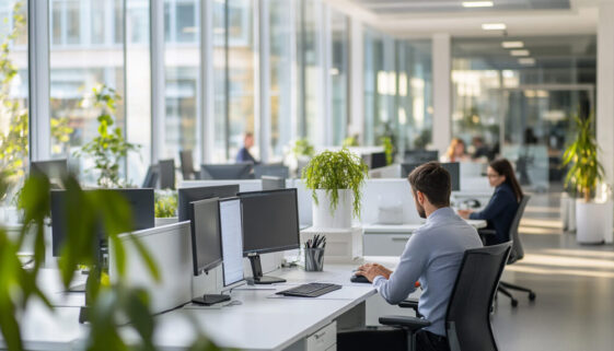 Beamte in eleganter Businesskleidung arbeiten konzentriert an weißen Schreibtischen in einem weitläufigen, lichtdurchfluteten Großraumbüro.